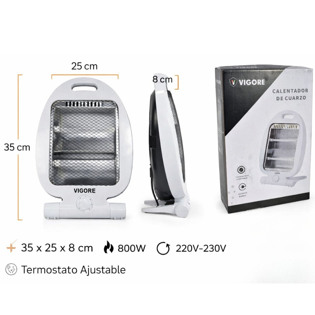 Estufa Halógena Vigore 800W: Calefacción Rápida con Termostato Ajustable