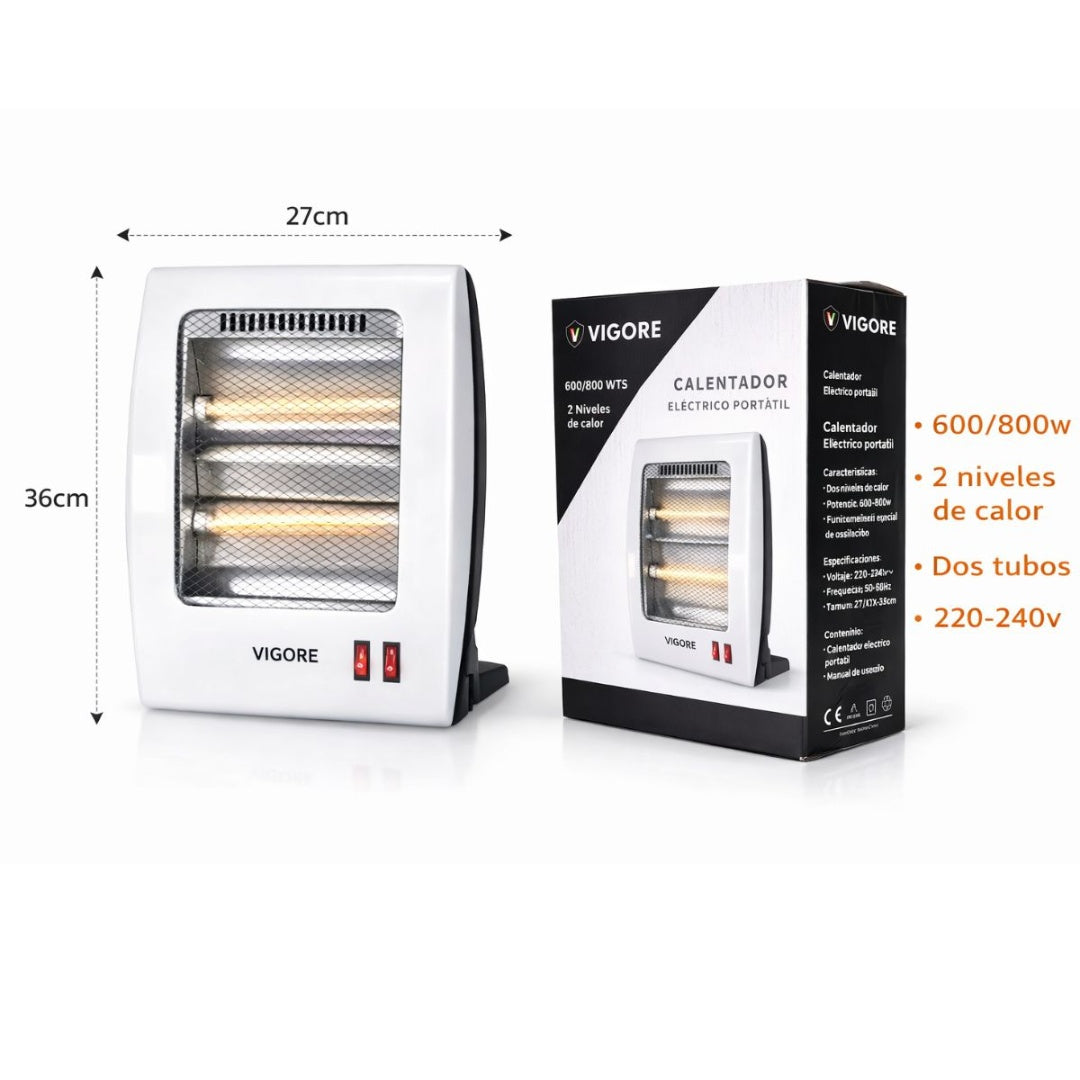 Calentador Eléctrico Portátil Vigore: 800W de Potencia Ajustable y Doble Tubo